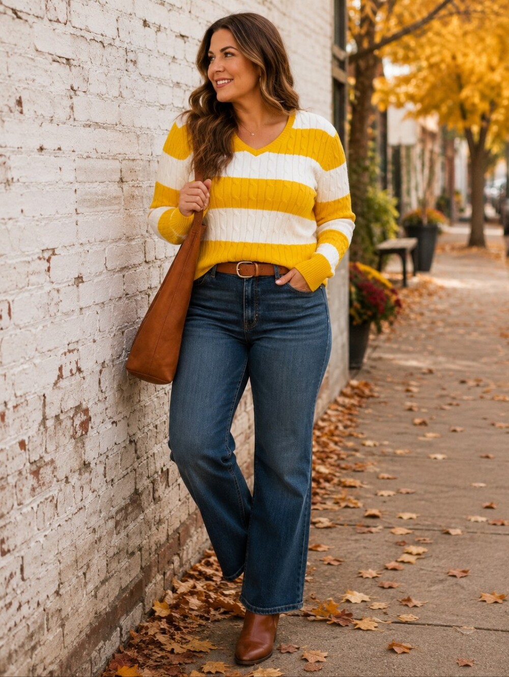 St. John’s Bay Yellow & White Striped Cable Knit V-Neck Sweater Size L